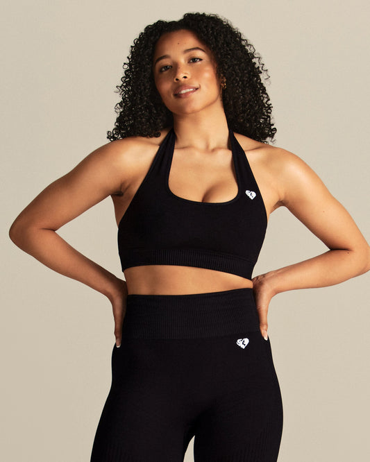Power Seamless Halter Neck Bra | Black