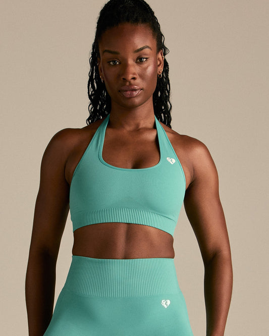 Power Seamless Halter Neck Bra | Marine Green