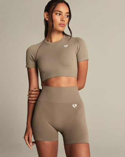 Power Seamless Short Sleeve Crop Top | Taupe Grey